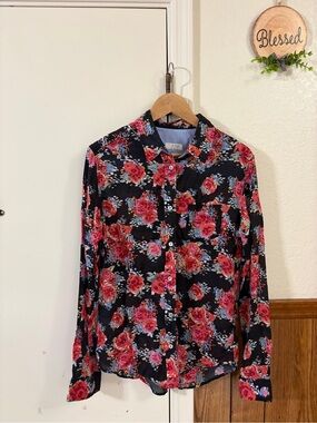 Anthropologie Black Floral Button-Down Blouse with Pink Roses